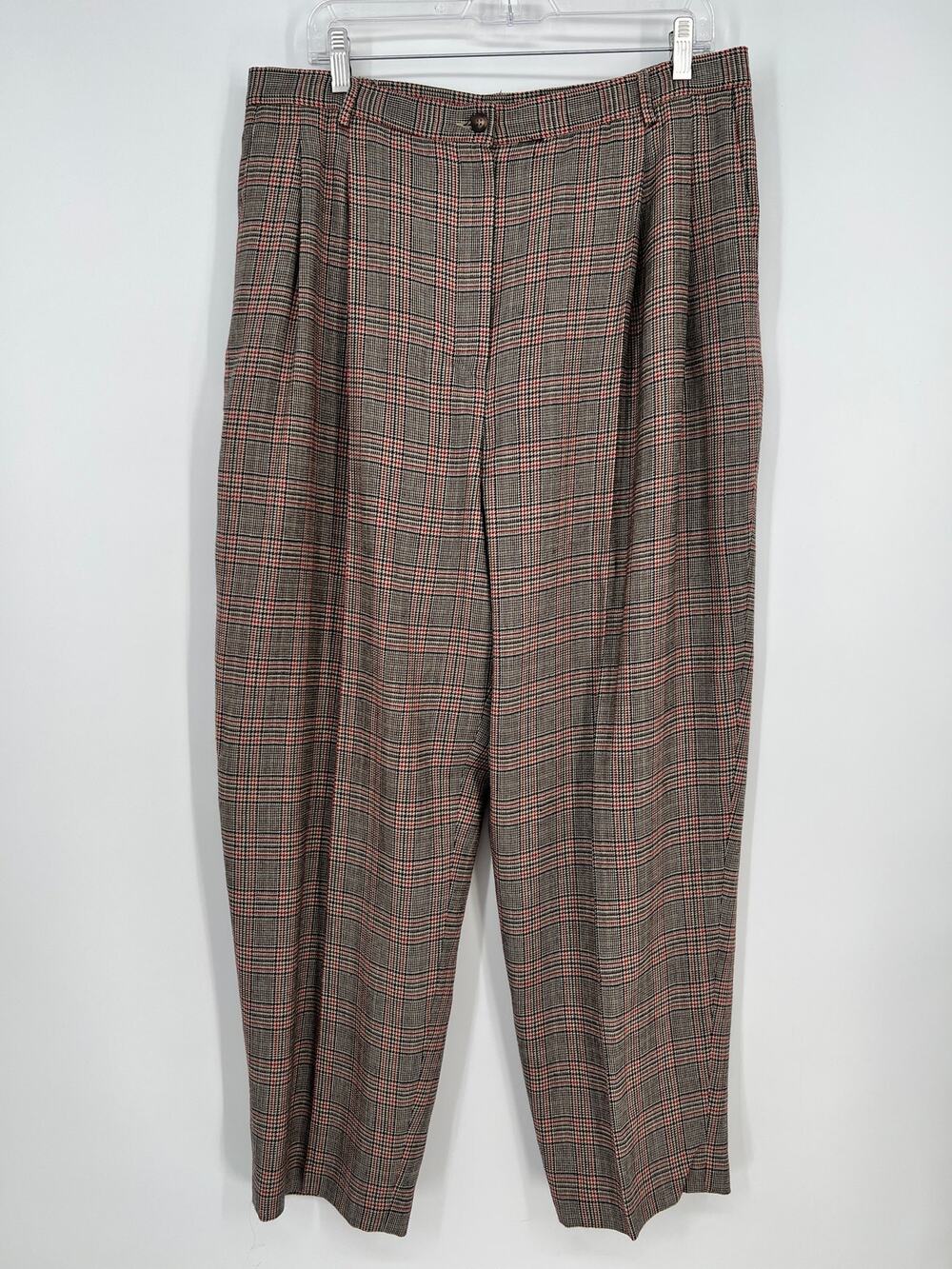 Vtg Charter Club Worsted Wool Trouser Pants Women 18W Glen Plaid Pleated Tan Red